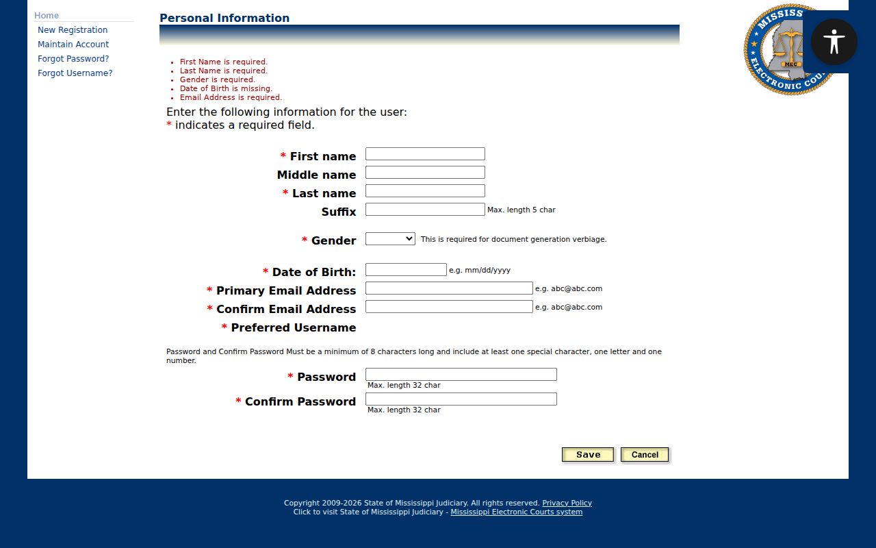 Jasper County case search PAMEC personal information fields