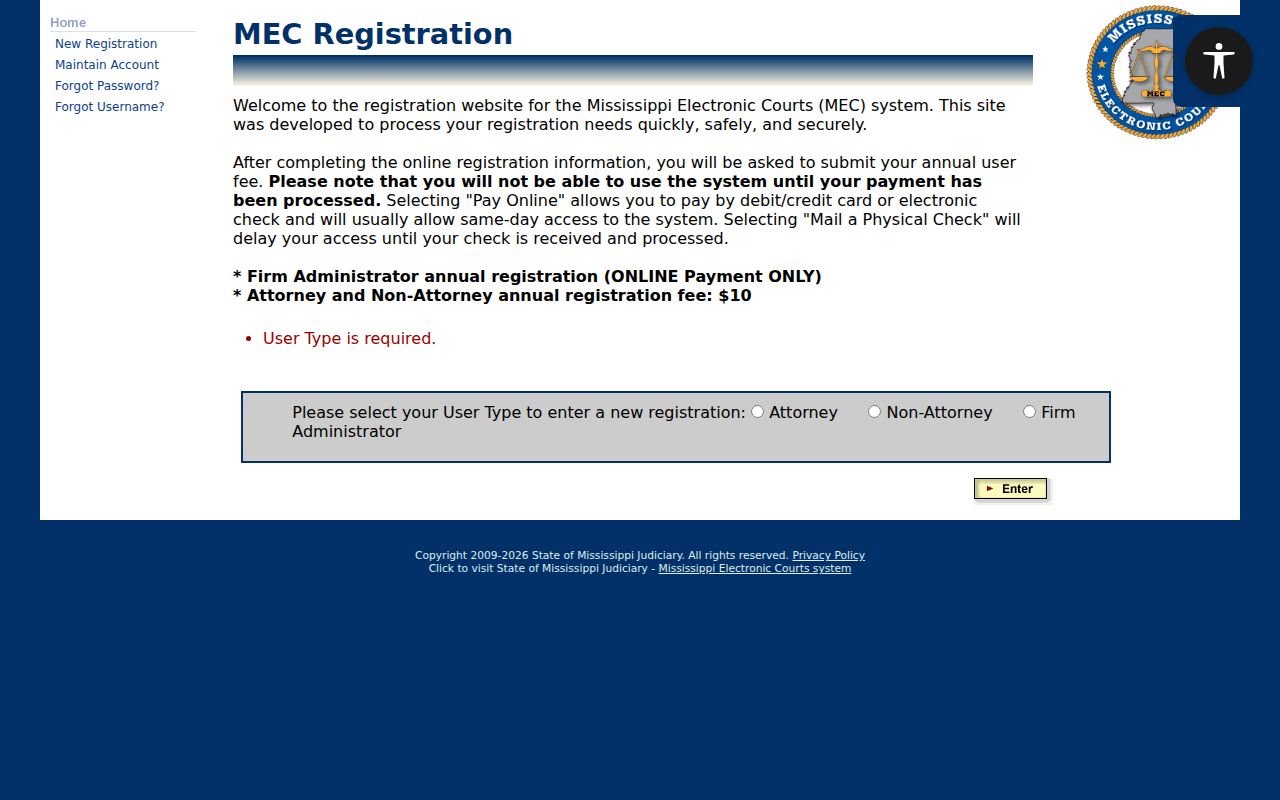 Jasper County case search PAMEC registration screen